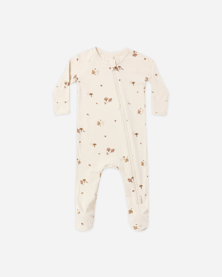 Quincy Mae Bamboo Zip Footie in Woodland print on natural, soft bamboo baby sleeper with double zip