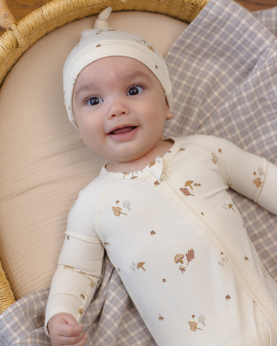 Bamboo baby footie pajamas lifestyle photo, Quincy Mae Zip Footie Woodland