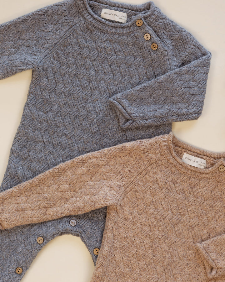 Styled flat lay of Quincy Mae gray knit jumpsuit for baby, Cozy Heather Heathered Slate