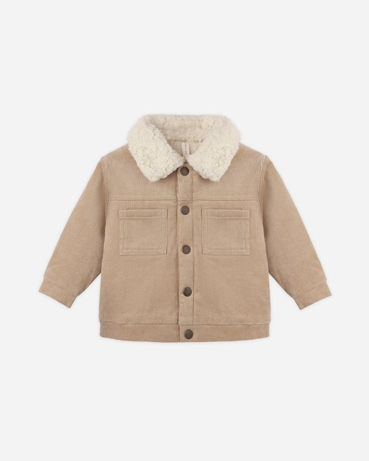 Quincy Mae Ezrah Jacket in Latte, corduroy baby and toddler winter jacket with shearling lining