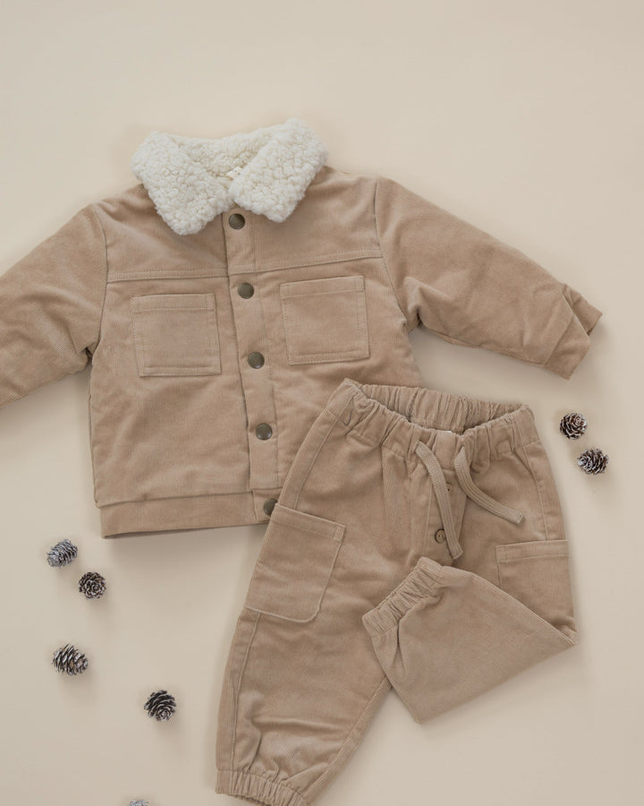 Latte corduroy Ezrah Jacket by Quincy Mae with patch pockets and antique brass snaps
