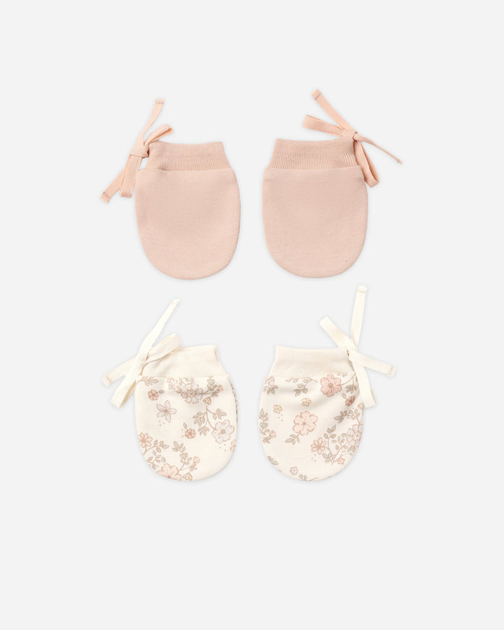 Quincy Mae No Scratch Mittens Set of 2 in Floral Vine and Dusty Rose, organic cotton baby mittens