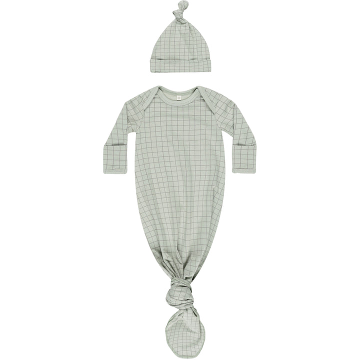 quincy mae sage grid knotted newborn gown and matching knotted newborn hat for infant