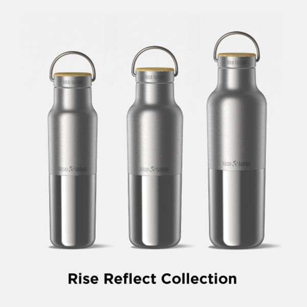 Three Klean Kanteen Rise Reflect bottles in Silver, highlighting recycled metal and leak proof bamboo cap design.