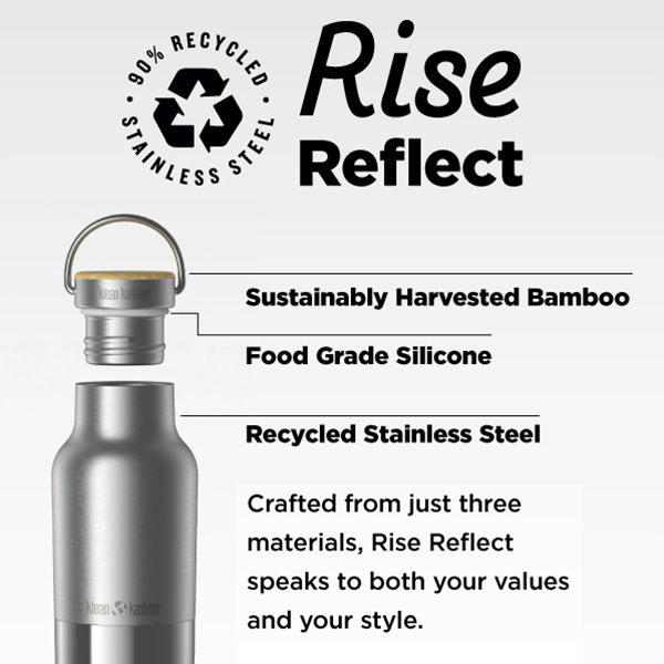 Featuring the Klean Kanteen Rise Reflect 16oz Water Bottle in Silver with Bamboo Cap, crafted from natural materials for sustainable hydration.