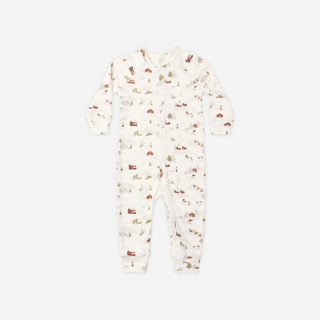 Rylee + Cru Organic Pajama Long John in Ski Town print, ivory baby pajamas with front snaps