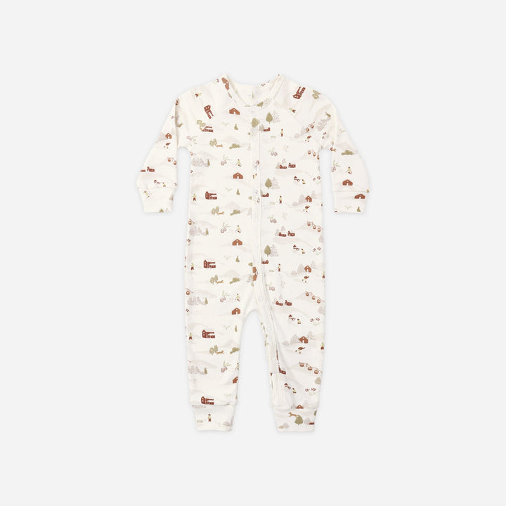 Rylee + Cru Organic Pajama Long John in Ski Town print, ivory baby pajamas with front snaps
