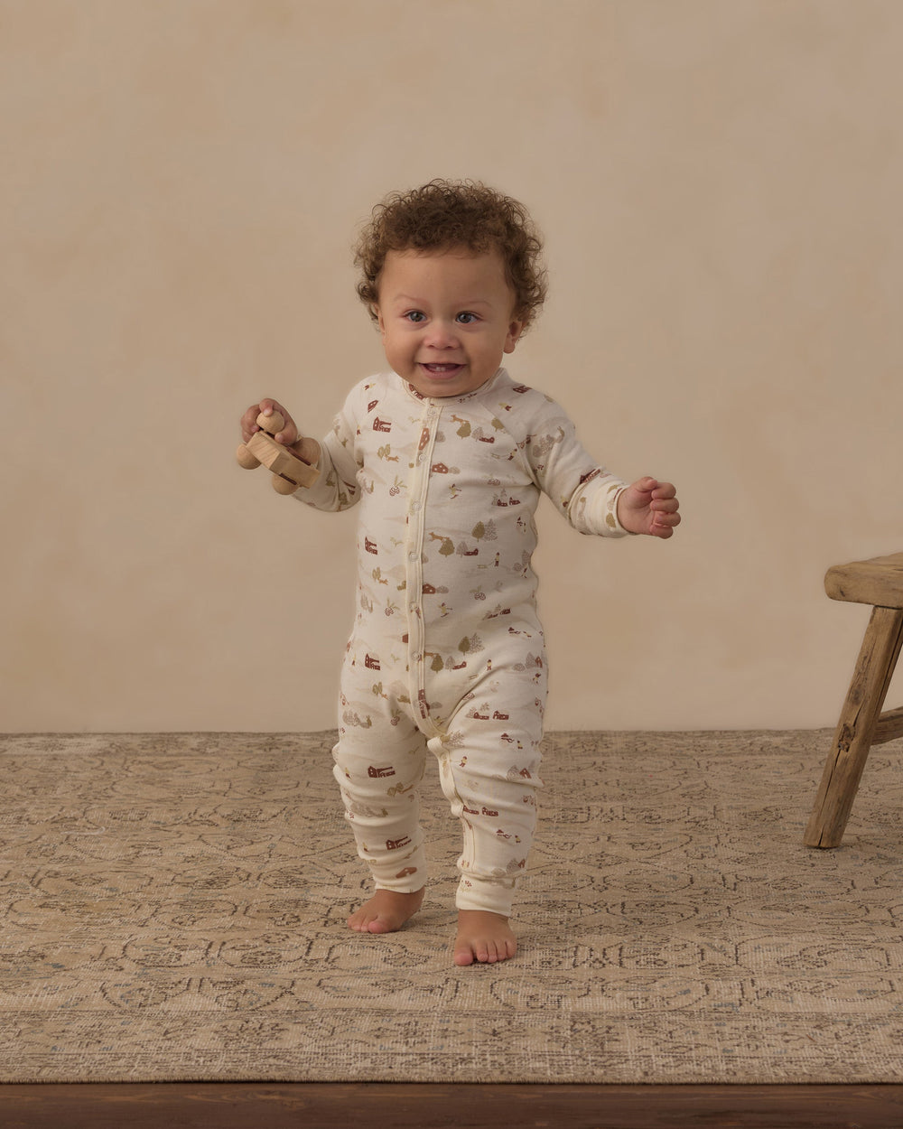 Ski Town print baby long john pajamas by Rylee + Cru, brushed cotton winter sleepwear