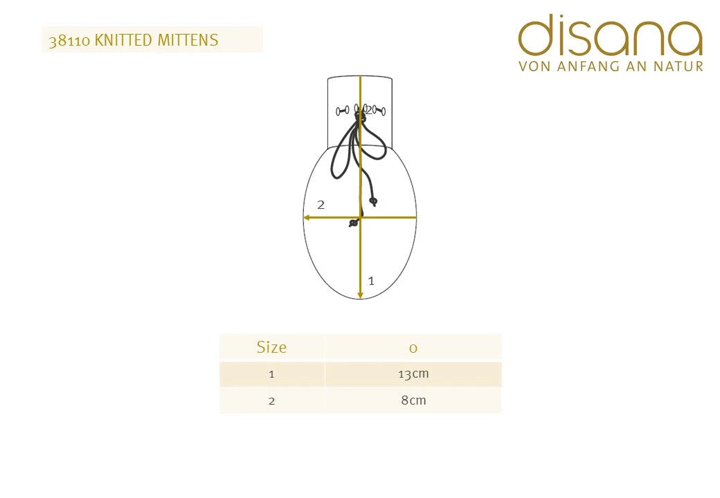 One size measurement chart for Disana Organic Merino Wool Baby Mittens showing mitten dimensions, a simple fit guide