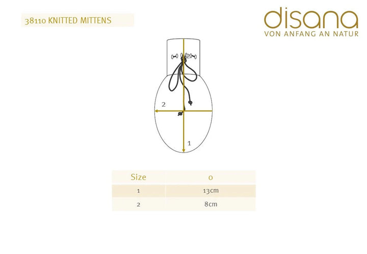 One size measurement chart for Disana Organic Merino Wool Baby Mittens showing mitten dimensions, a simple fit guide