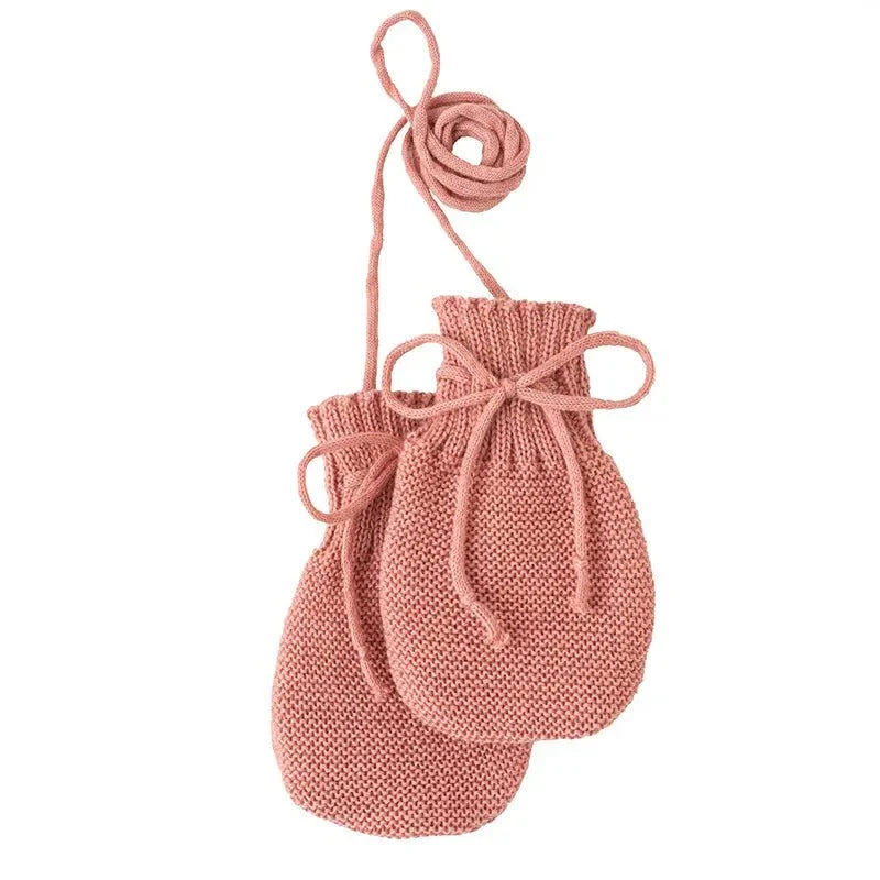 Soft Pink knit mittens with tie cuffs, Disana Organic Merino Wool Baby Mittens, breathable organic wool mitts for newborns