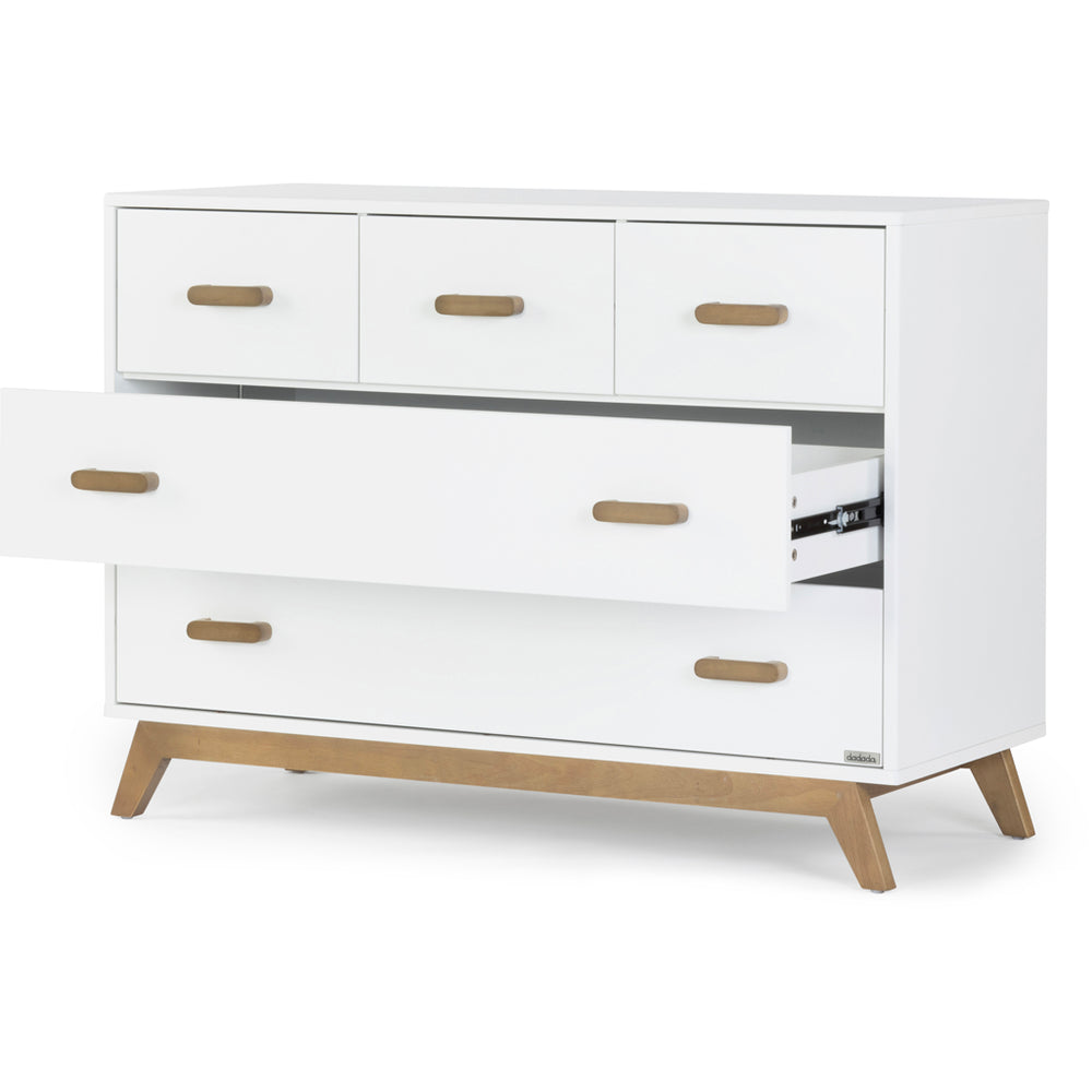 Rich wood tones enhance the Dadada Soho 2.0 5-Drawer Dresser in White/Walnut, a durable real wood dresser.