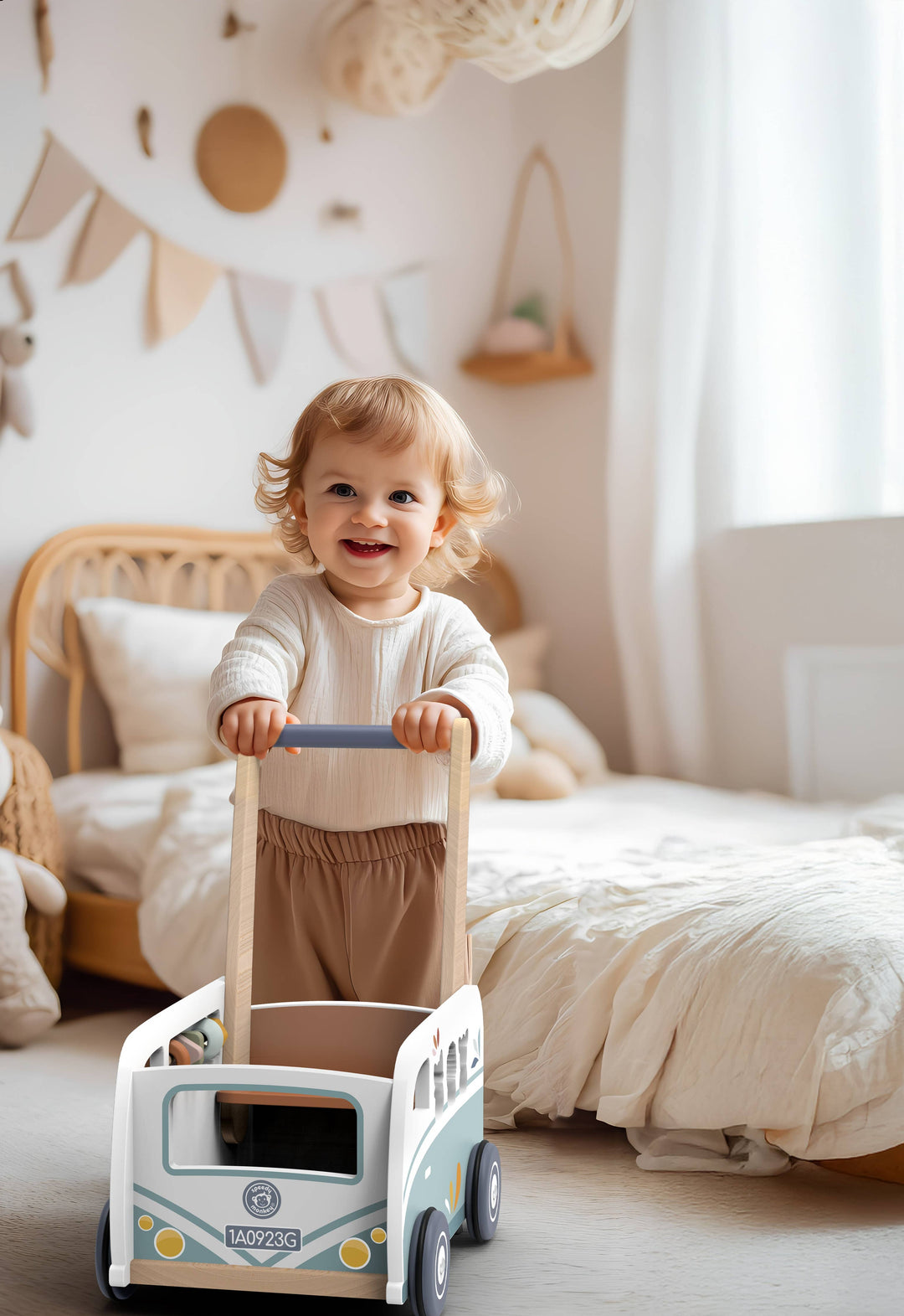 toddler using speedy monkey van multi activity walker for motor skills development 