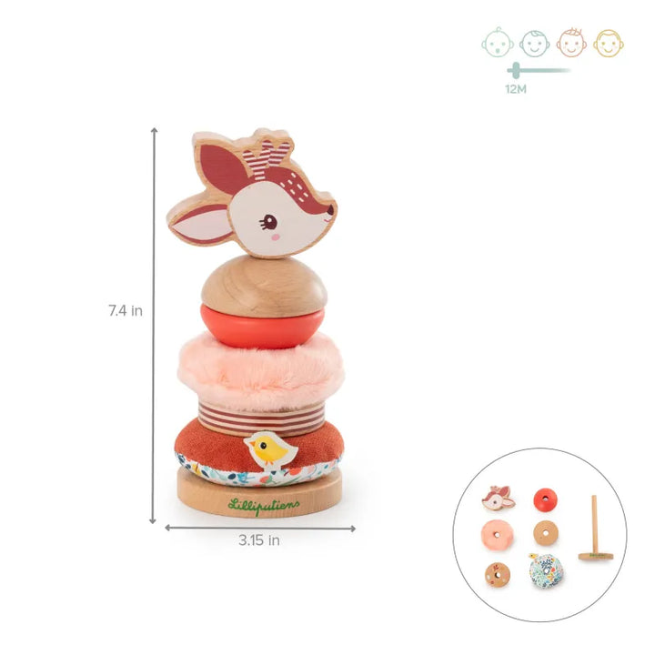 Designed for tactile fun, Lilliputiens Stella the Fawn Stacking Pyramid sensory baby toys