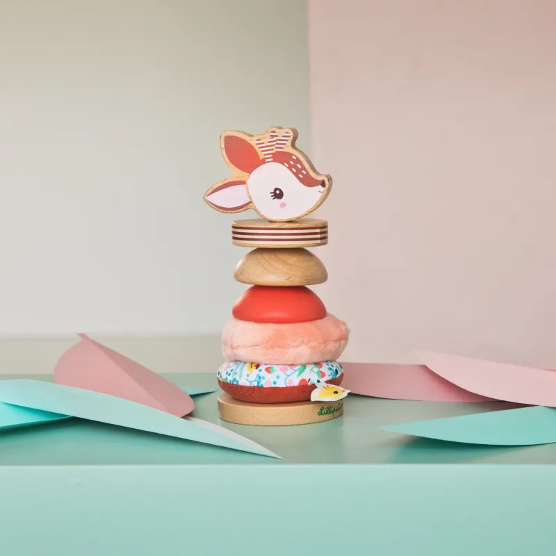 A charming Lilliputiens Stella the Fawn plush pyramid, developmental baby toys for growing skills