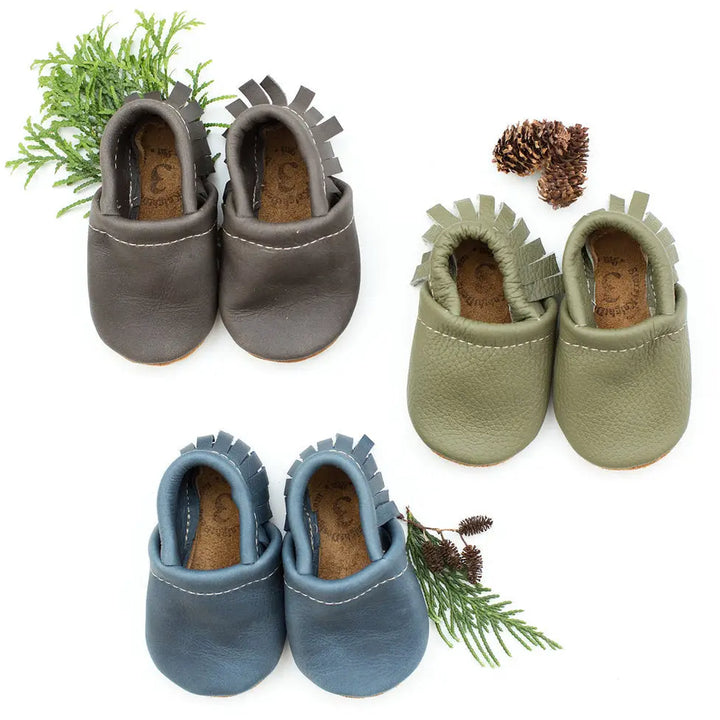 starry knight design navy, lichen, and gray handmade leather baby and toddle moccasins with soft sued sole