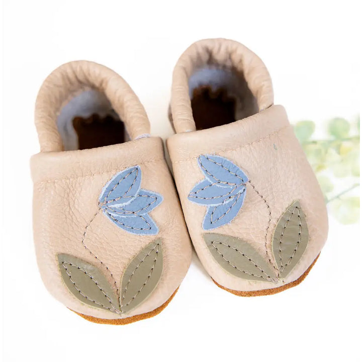 starry knight design adjustable leather baby moccs with soft suede soles and bluebell flower pattern