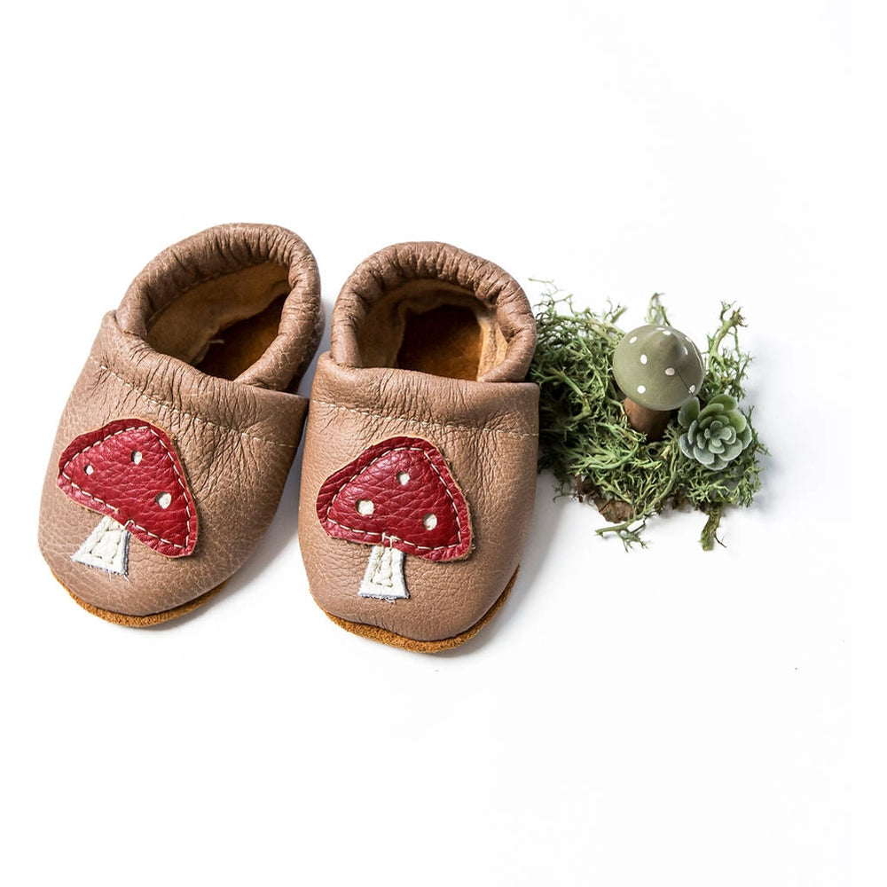 baby leather shoes with mushroom detail handcrafted by starry knight 