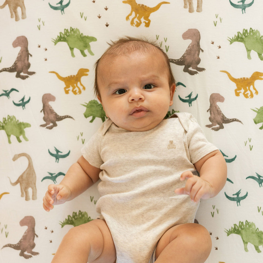 Little Unicorn Dino Pals Stretch Knit Crib Sheet, fitted crib sheet ideal for restful baby sleep