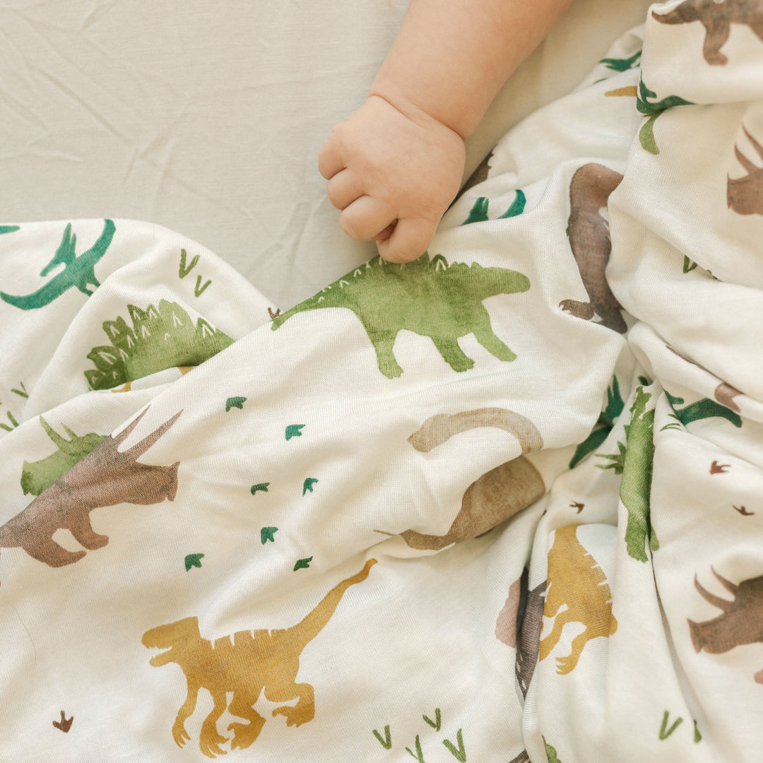 Little Unicorn muslin blankets baby, Stretch Knit Swaddle Blanket - Dino Pals, lightweight and soft for infants