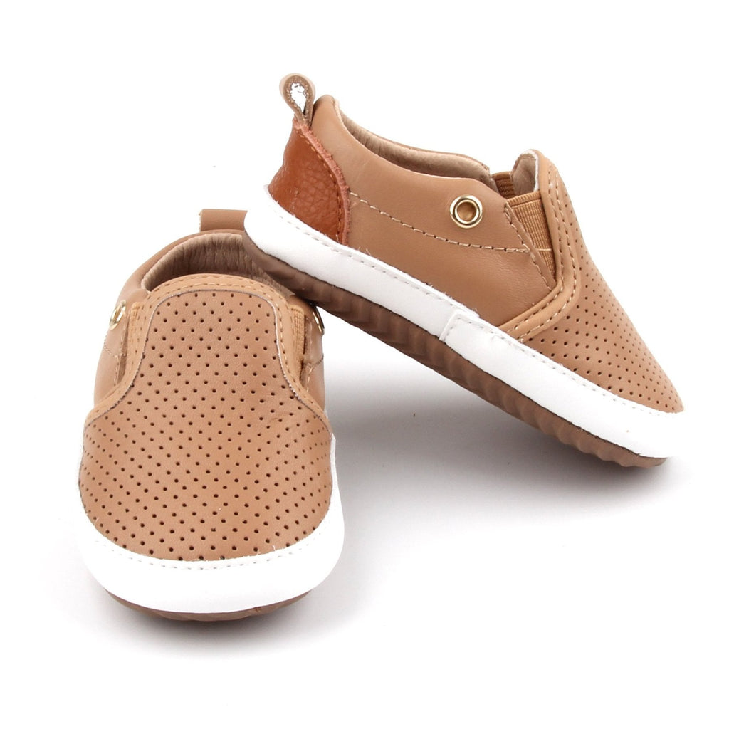 Little Love Bug company's tan quinn slip-on shoes.