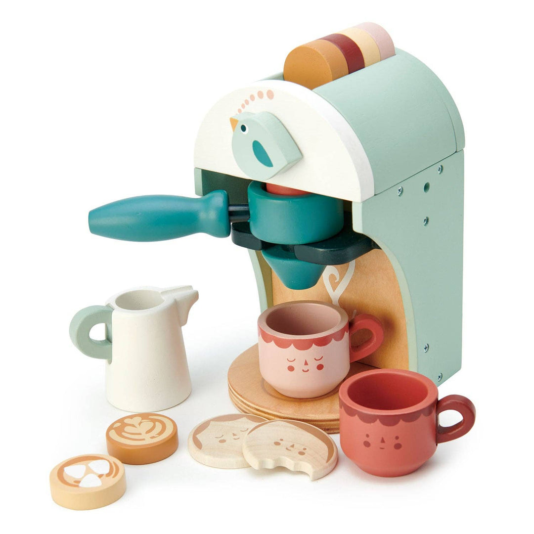 wooden tenderleaf toy espresso maker including milk streamer and cappuccino cups 