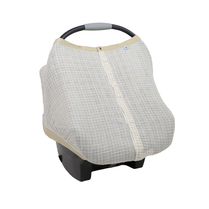Little Unicorn Cotton Muslin Car Seat Canopy - Tan Gingham shown in a warm checkered print, perfect for stylish car seat canopy protection.