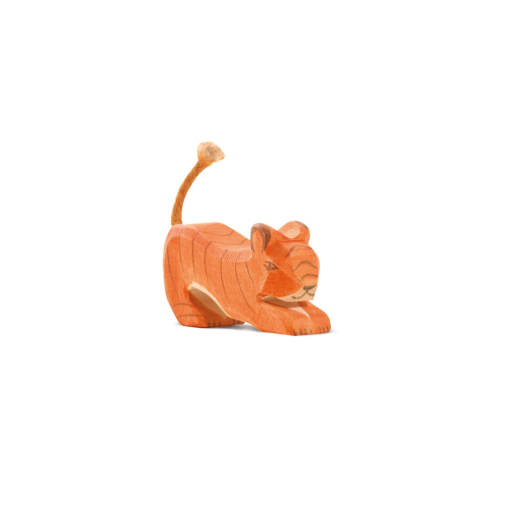 Tiger, Small Lurking by Ostheimer, a hand-painted wooden tiger toy for open-ended play