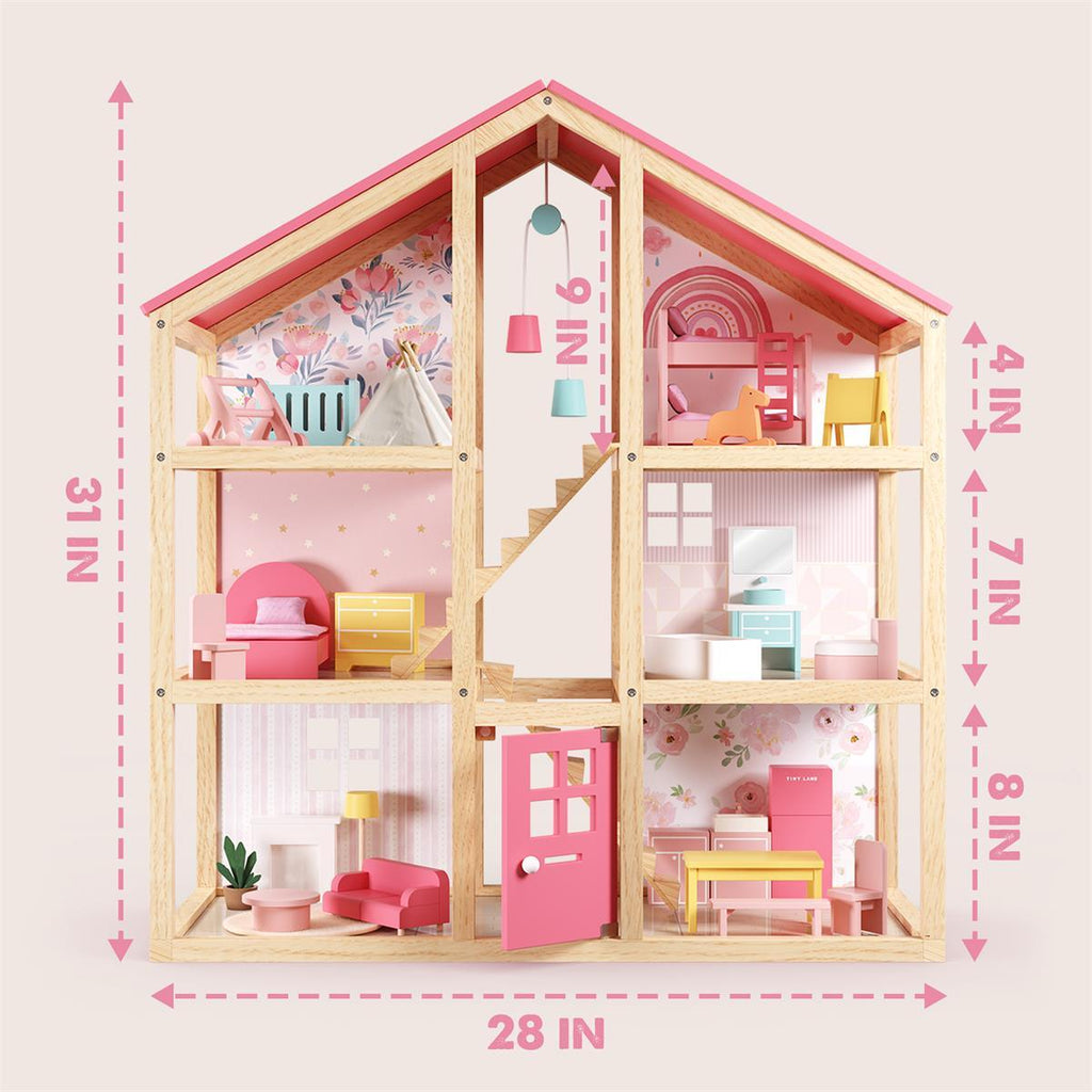 Tiny Land® Love Dollhouse with 30 Furniture, wooden toys for kids