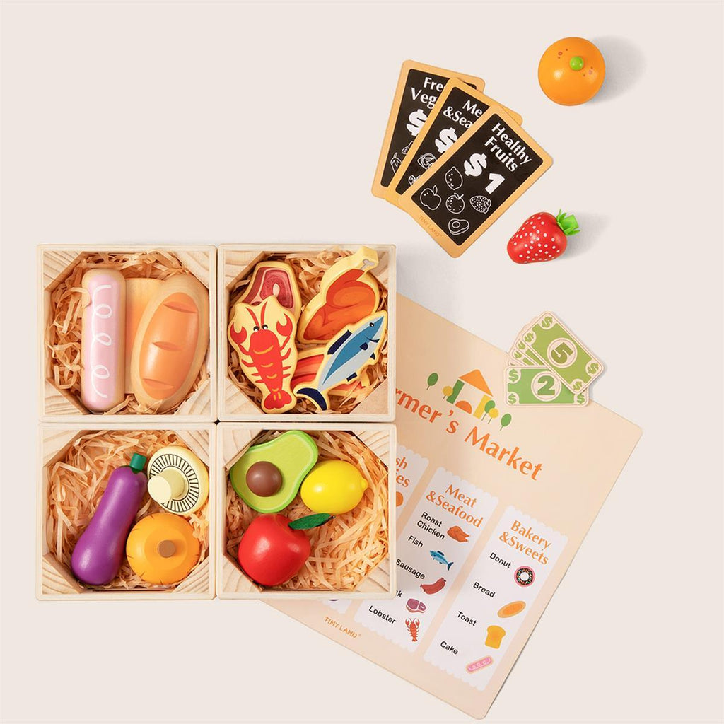 Tiny Land® Wooden Play Food For Kitchen  Pretend Play Farmers market set with price tags and pretend money