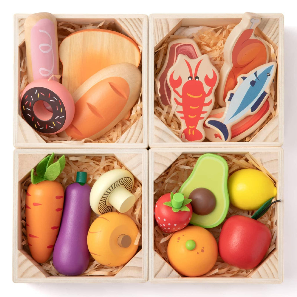 Tiny Land® Wooden Play Food For Kitchen  Pretend Play vegetables, donuts, bread, fruit, and fish for toddlers