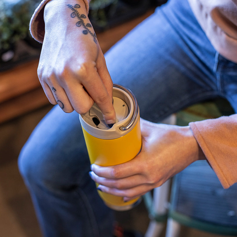 Sunset Klean Kanteen 16oz TKWide with Cafe Cap, temperature controlled and insulated for hot beverages.