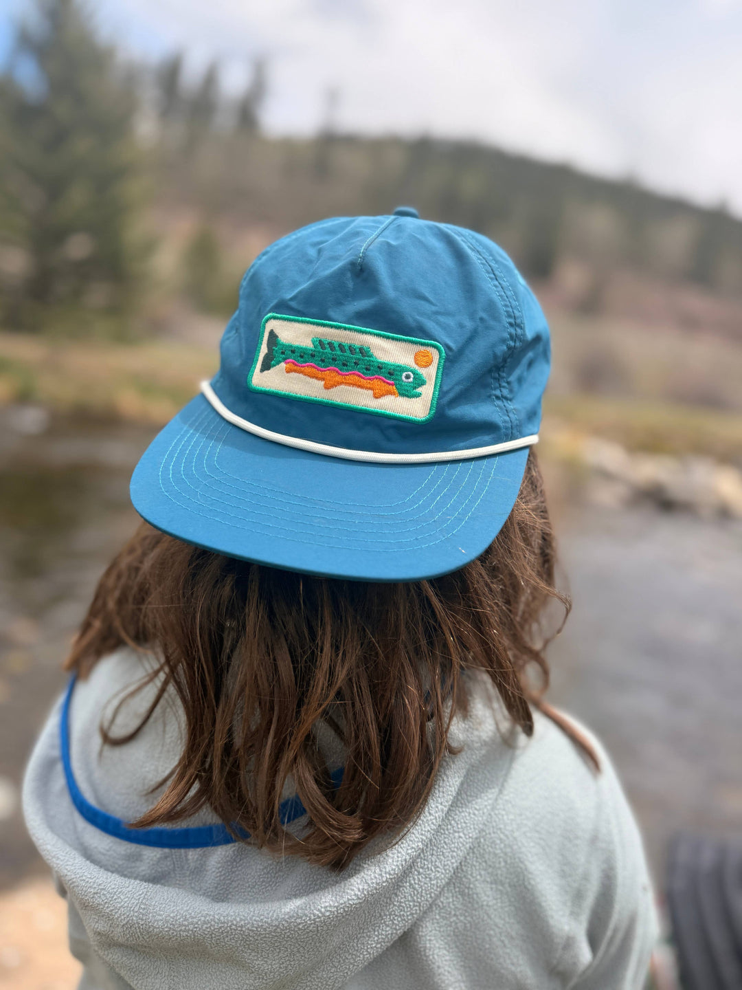 Adjustable kids flat brim hat in Trout by Trek Light, gift for little anglers