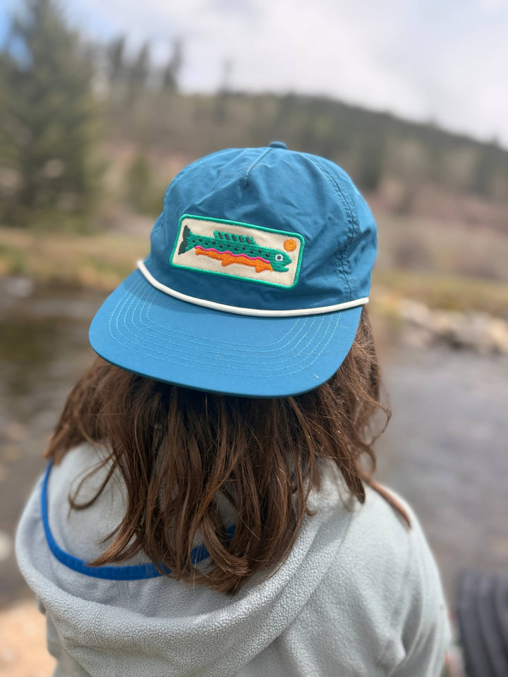Adjustable kids flat brim hat in Trout by Trek Light, gift for little anglers