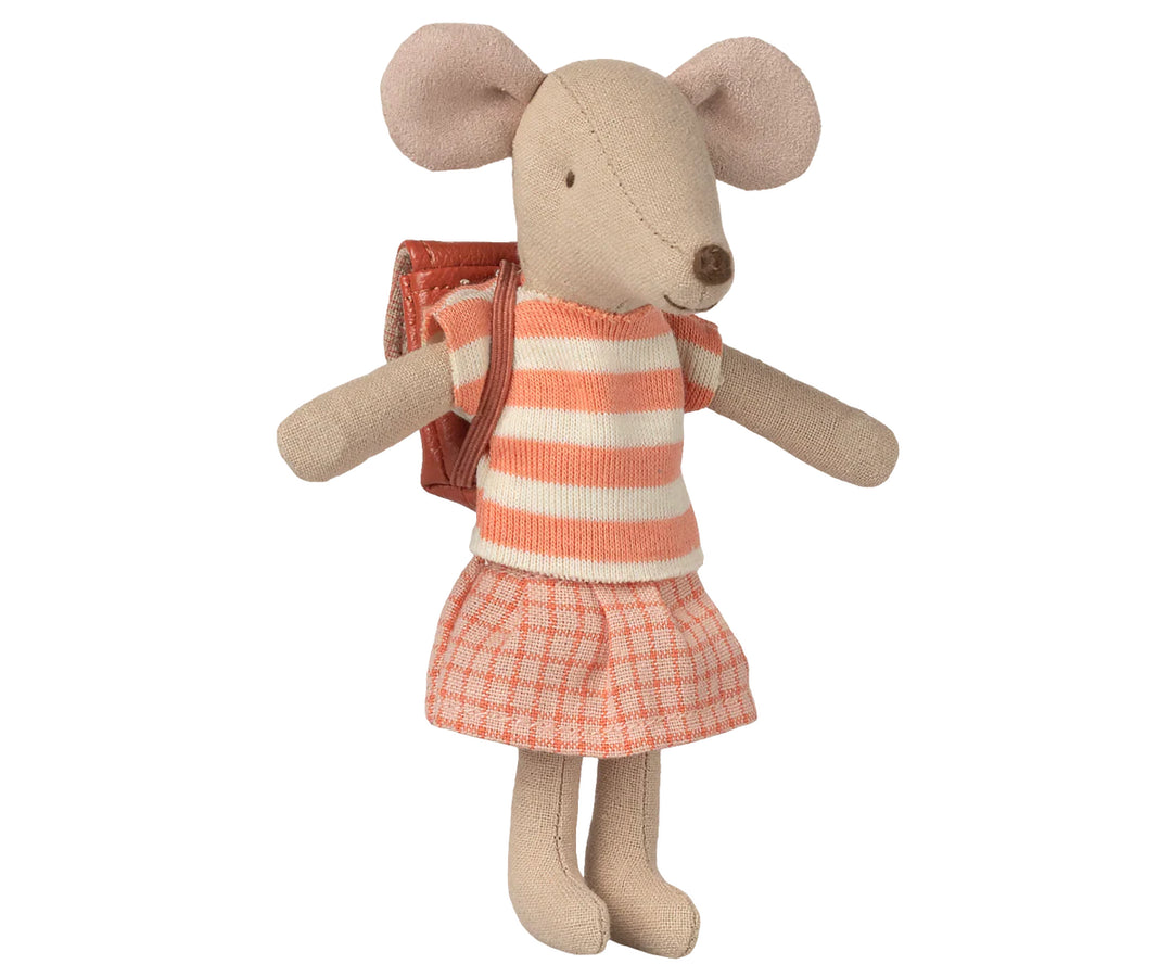 Maileg Tricycle Mouse Big Sister in Coral – Maileg girl mouse doll on miniature tricycle wearing coral-toned outfit