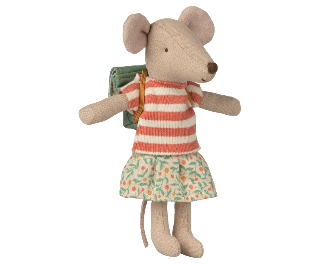 Maileg Tricycle Mouse Big Sister in Green – Maileg girl mouse doll seated on miniature tricycle with green outfit