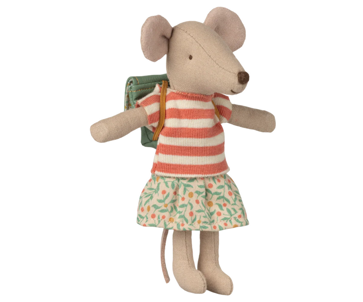 Maileg Tricycle Mouse Big Sister in Green – Maileg girl mouse doll seated on miniature tricycle with green outfit