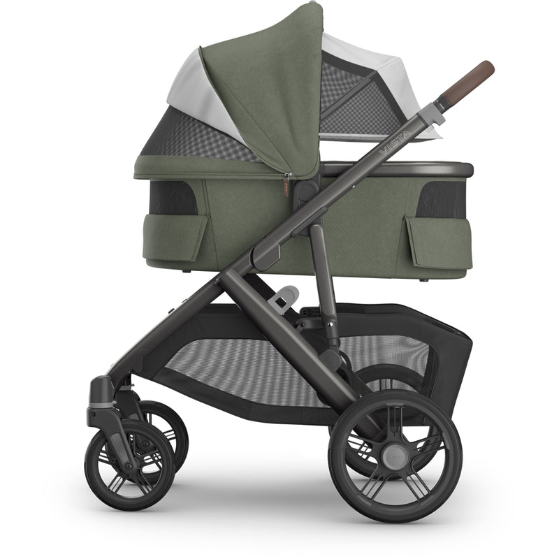 Uppababy Vista V3 Stroller + Bassinet V3 in Evelyn displayed with canopy open, highlighting baby bassinet style and modern detailing.