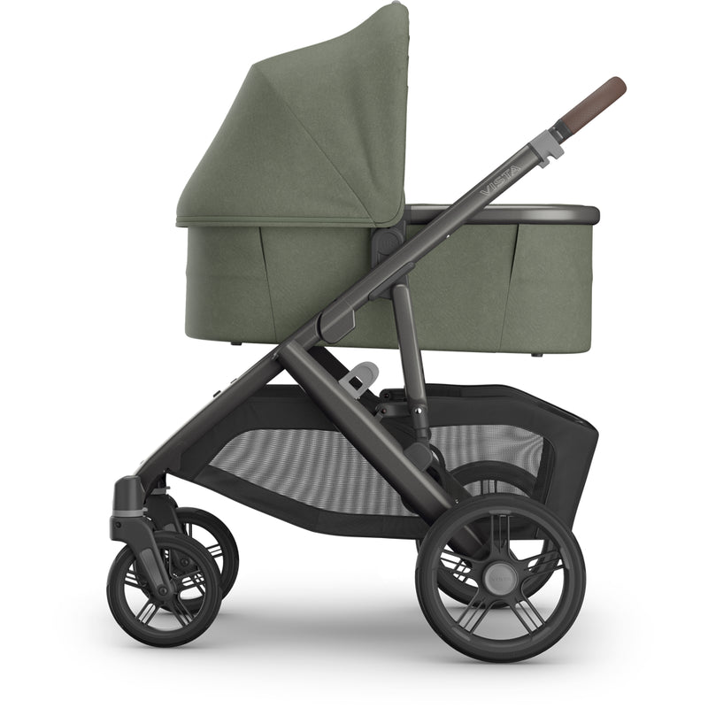 Evelyn color Uppababy Vista V3 Stroller + Bassinet V3 angled front view, showcasing stroller with bassinet seat for infants.
