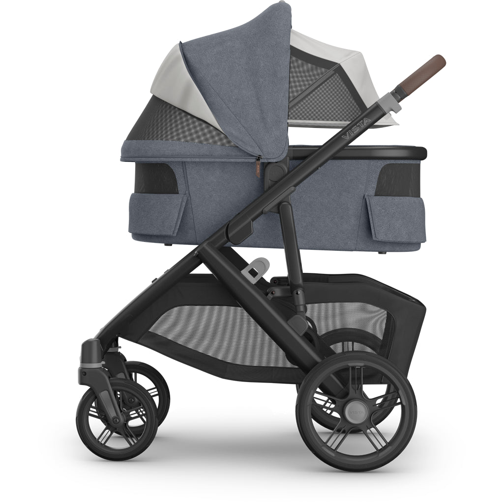 Uppababy Vista V3 Stroller + Bassinet V3 in Julian close-up, perfect baby stroller setup for new parents.