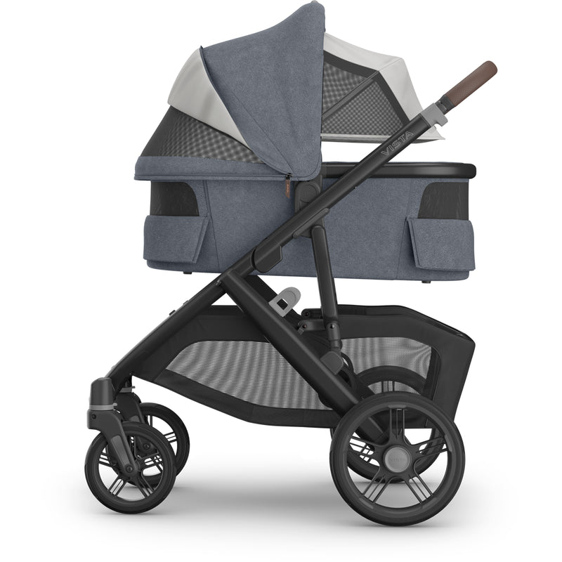 Uppababy Vista V3 Stroller + Bassinet V3 in Julian close-up, perfect baby stroller setup for new parents.