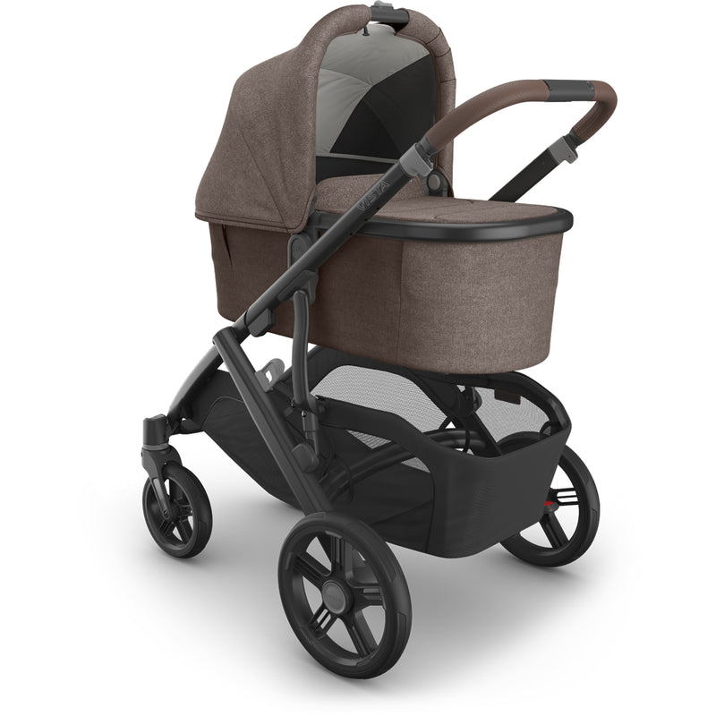 Uppababy Vista V3 Stroller + Bassinet V3 in Owen angled front, durable stroller for infant and toddler use.