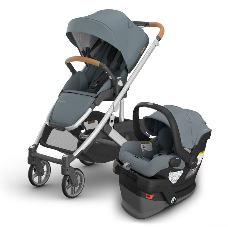 Callum Mesa V3 and Cruz V3 travel system by UPPAbaby, designed as a lightweight stroller with car seat.
