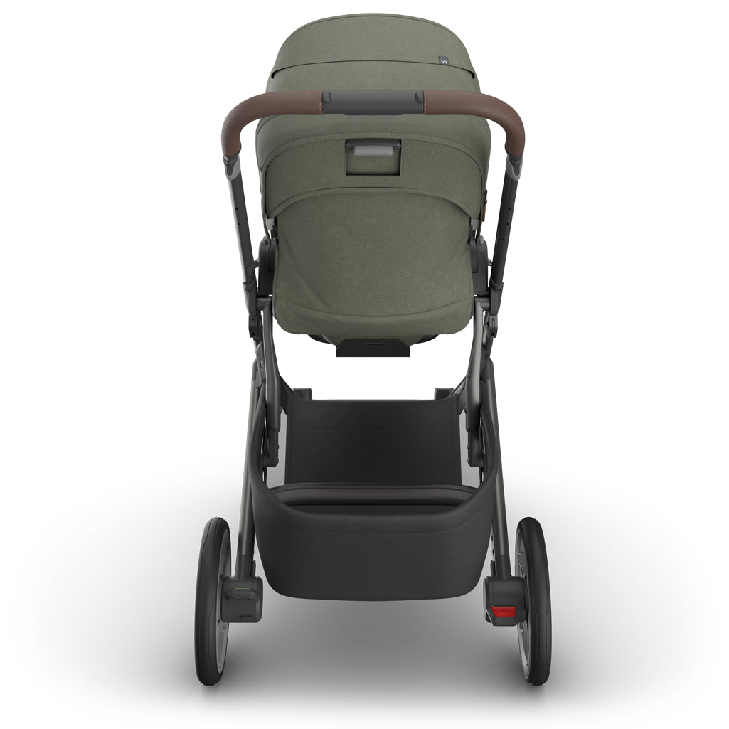 Closeup of wheels and suspension on uppababy v3 stroller cruz Evelyn, stroller with great suspension for smooth rides