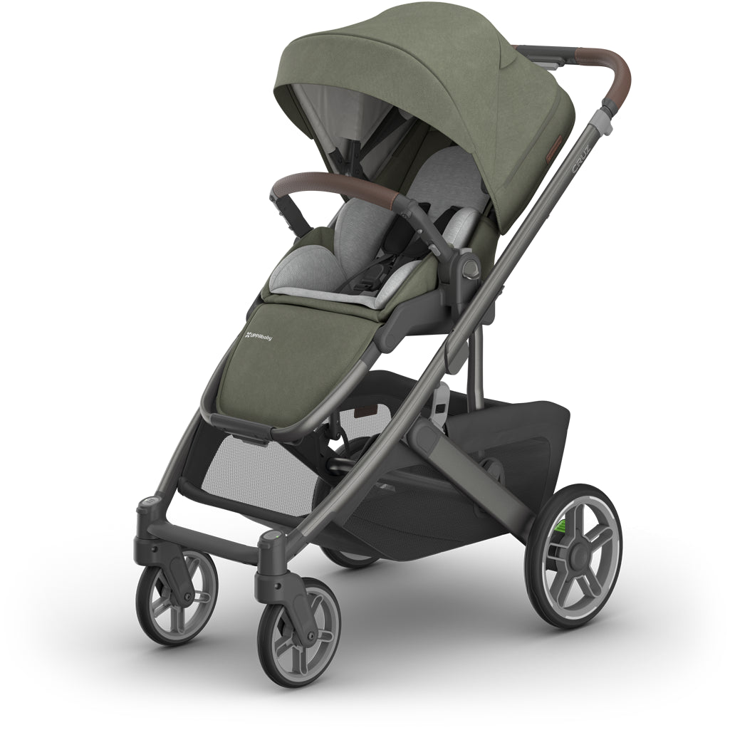 Full left side profile of Uppababy Cruz V3 Stroller Evelyn, compact fold stroller with premium fabrics