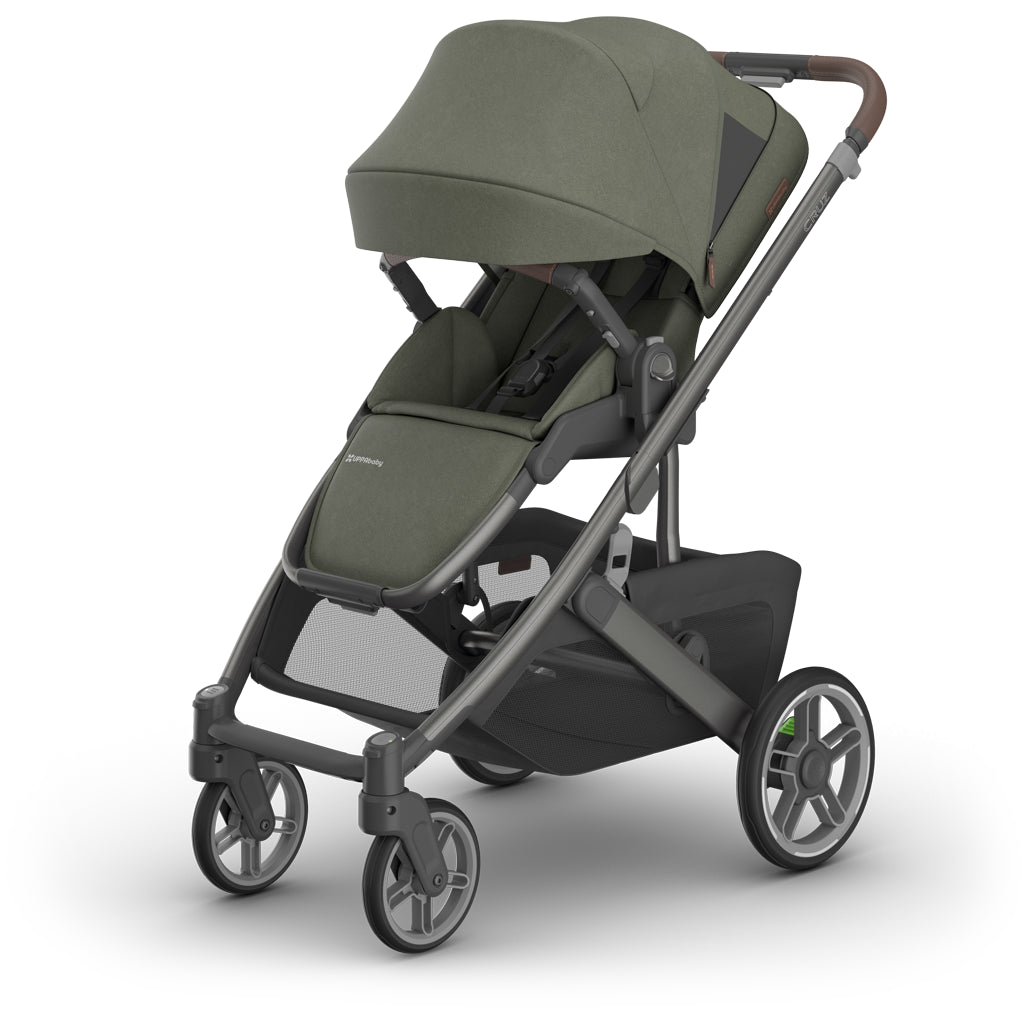 Front angled detail of Uppababy Cruz V3 Stroller Evelyn, baby stroller with one handed fold and easy maneuverability
