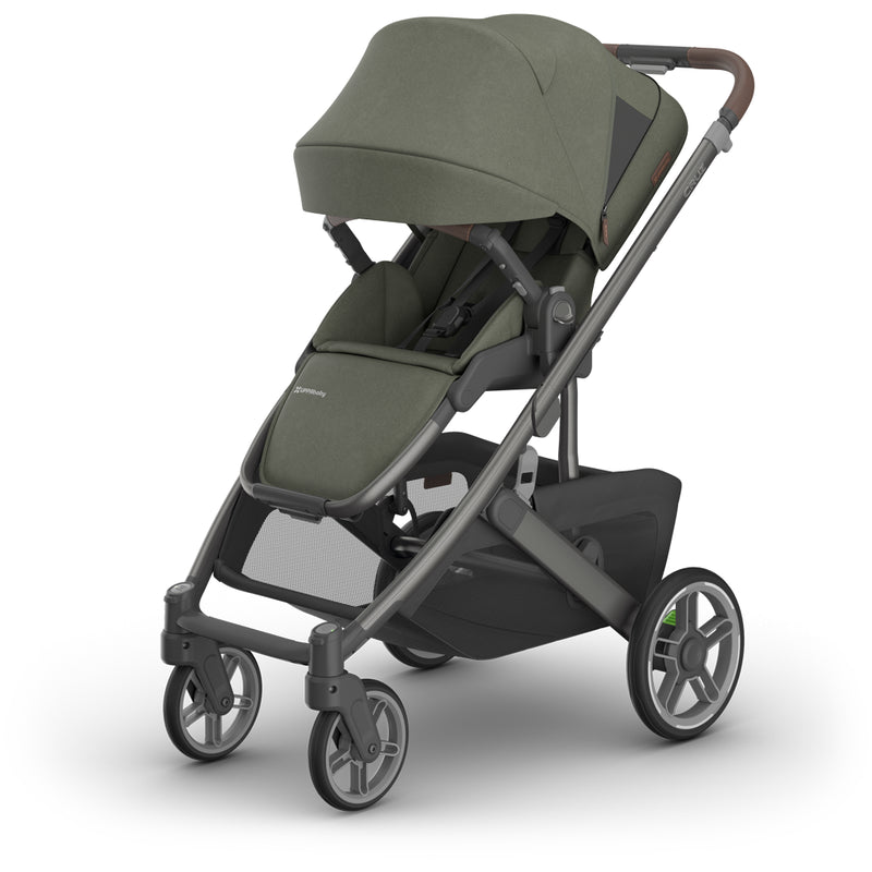 Front angled detail of Uppababy Cruz V3 Stroller Evelyn, baby stroller with one handed fold and easy maneuverability