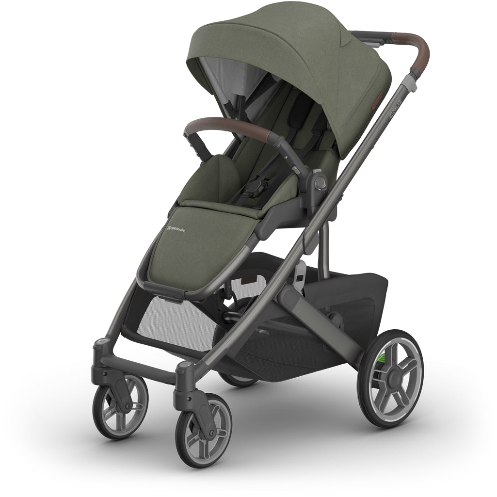 Rear angle of uppababy Cruz V3 Stroller Evelyn, premium fabrics and safe design for modern baby stroller use
