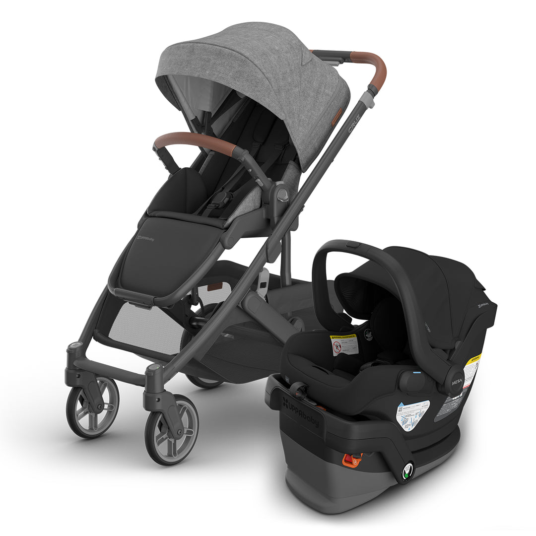 UPPAbaby Cruz V3 in Greyson with Jake Mesa V3 car seat, a top rated lightweight stroller travel system.