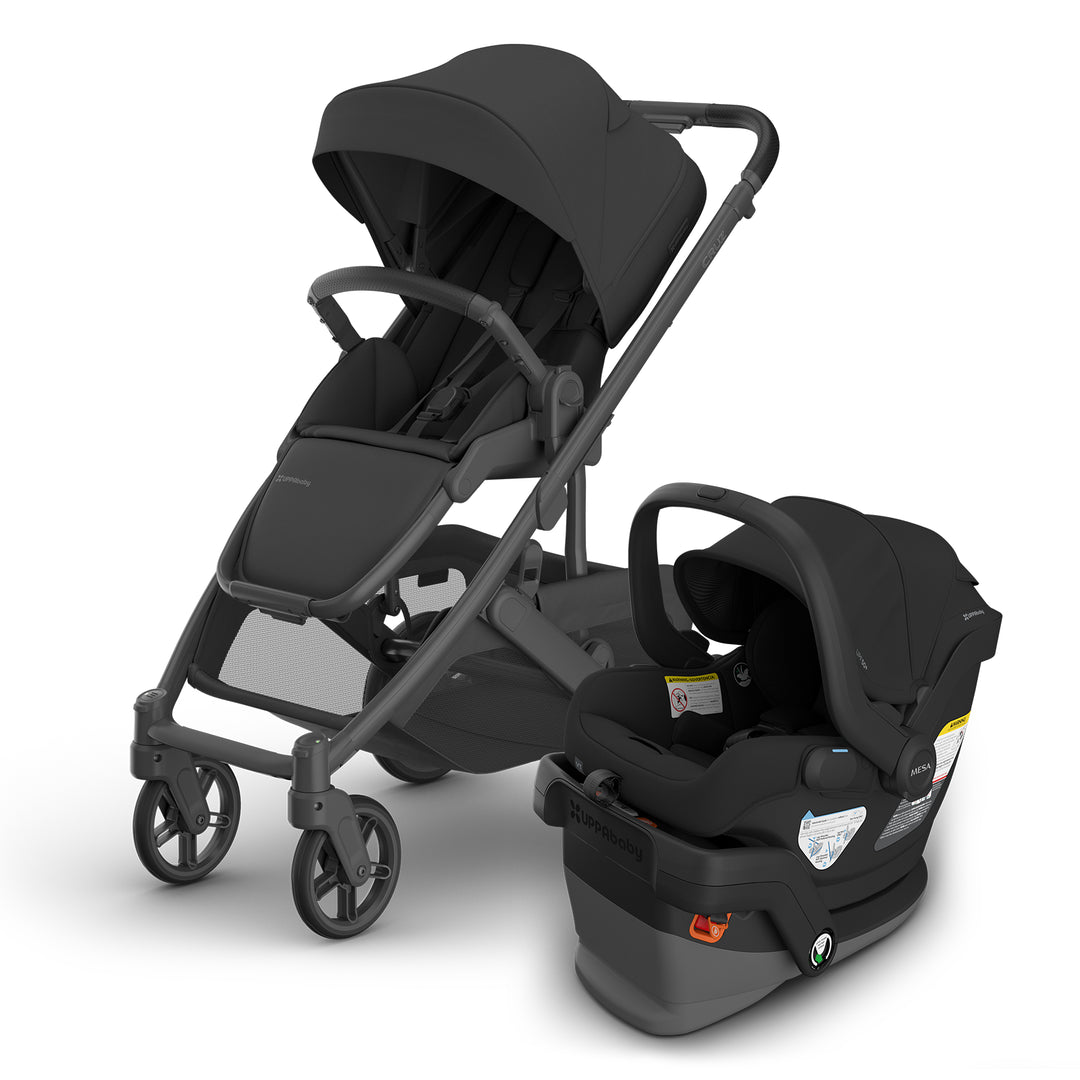 Black UPPAbaby Cruz V3 in jake and Jake Mesa V3 shown as a stroller lightweight combo ideal for travel system setups.